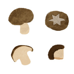 しいたけの様々な切り方の手描きのカラーイラストセット
