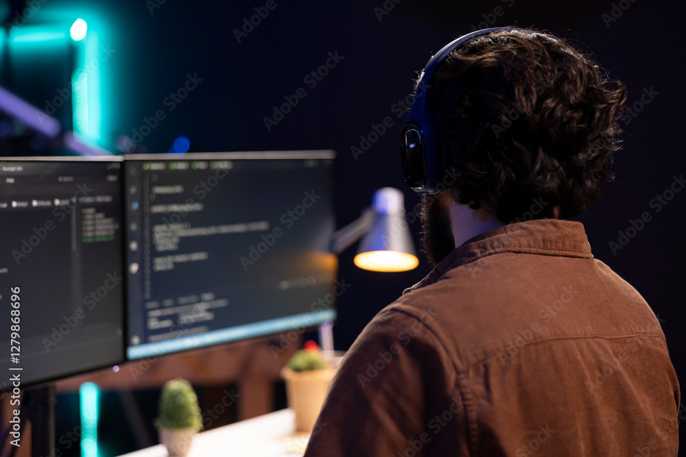 Poster cybersecurity specialist listening music while looking for company security vulnerabilities, prevent