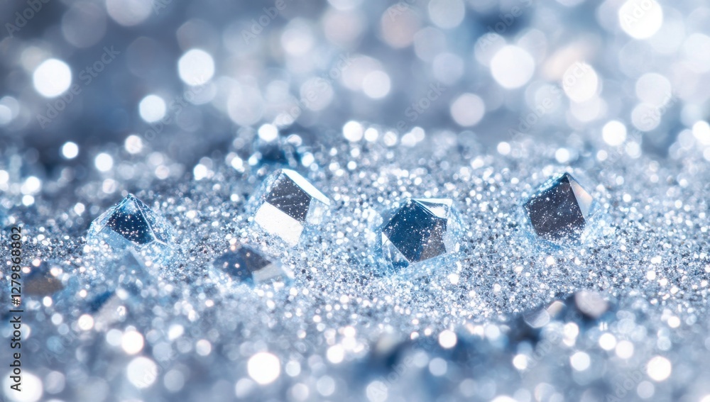Poster sparkling crystal cubes on glimmering silver surface, capturing light reflections and shimmering eff