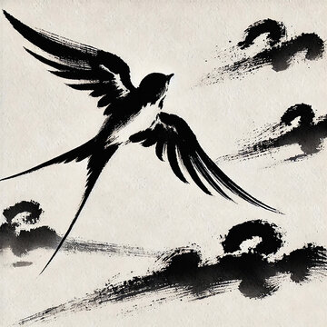 Ink Painting of a Flying Swallow with Abstract Clouds