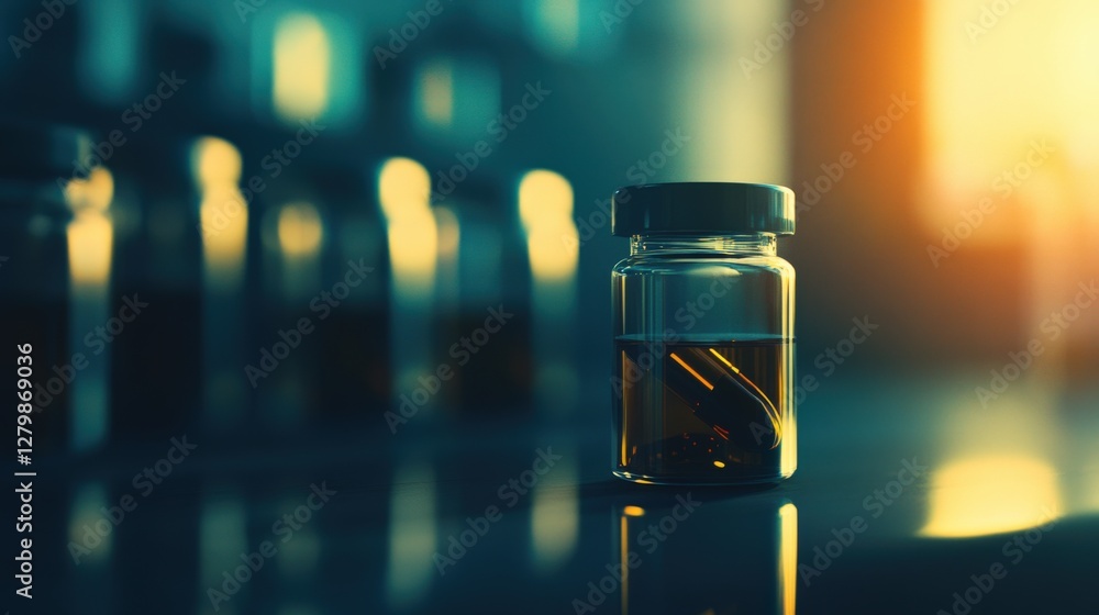 Poster close-up of a glass vial containing capsules, illuminated by soft light in a laboratory setting