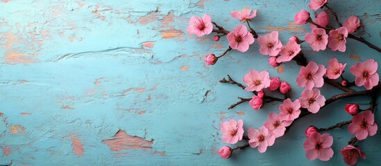 Pink blossoms on rustic blue wood (1)