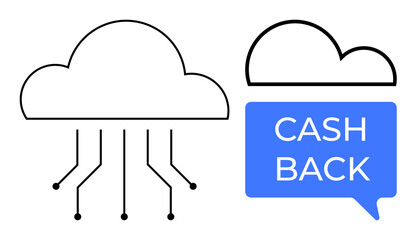 Cloud connecting with circuits alongside Cash Back speech bubble. Ideal for tech, finance, cloud computing, rewards programs, fintech, shopping incentives, e-commerce solutions. Blue and black