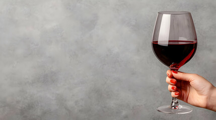 Woman's hand holding red wine glass, grey background,  celebration, drinks menu