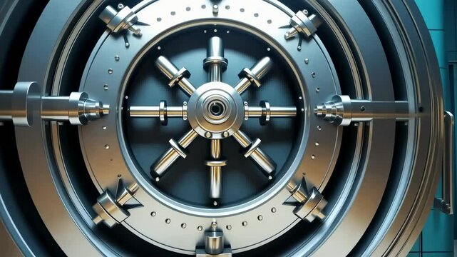 A cinematic front-facing video shot of a massive, futuristic bank vault door with intricate metalwork, set against a sleek, modern interior.
