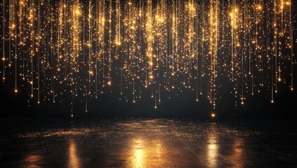 Sparkling Golden Light Beams Cascading from Above Creating a Magical Atmosphere in a Dark Studio Space for Background or Celebration Themes
