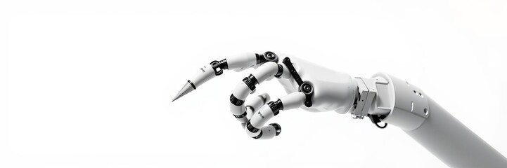 Robotic hand with claw in front of blank white screen, automation, artificial hand, white background