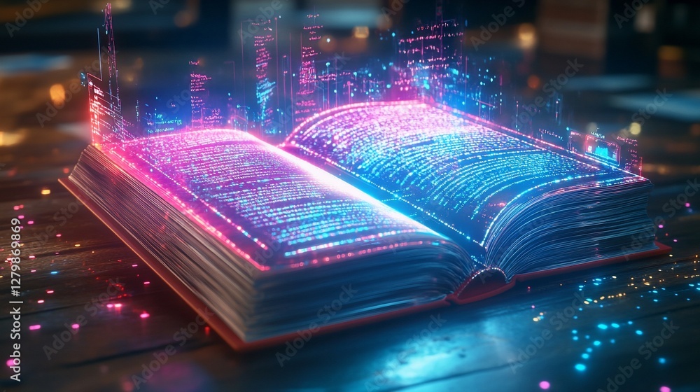 Poster glowing open book with digital city and code on the pages on a dark wooden table