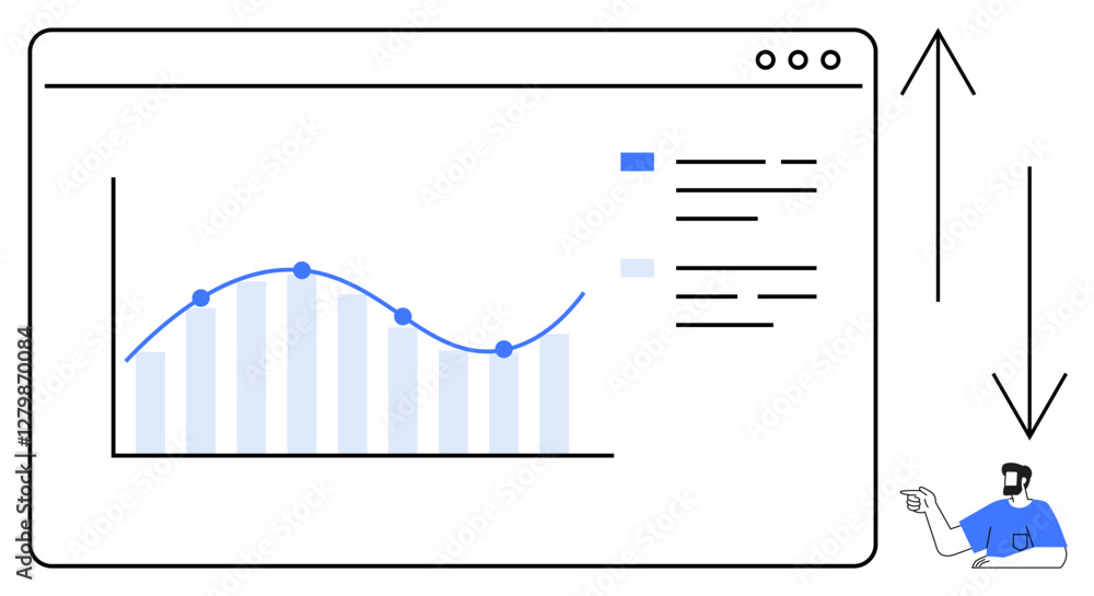 Poster computer screen displays trend graph with curved line and data list. right side features pointing bu
