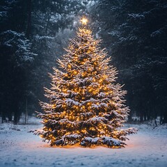 Snowy Christmas tree, forest, night, lights