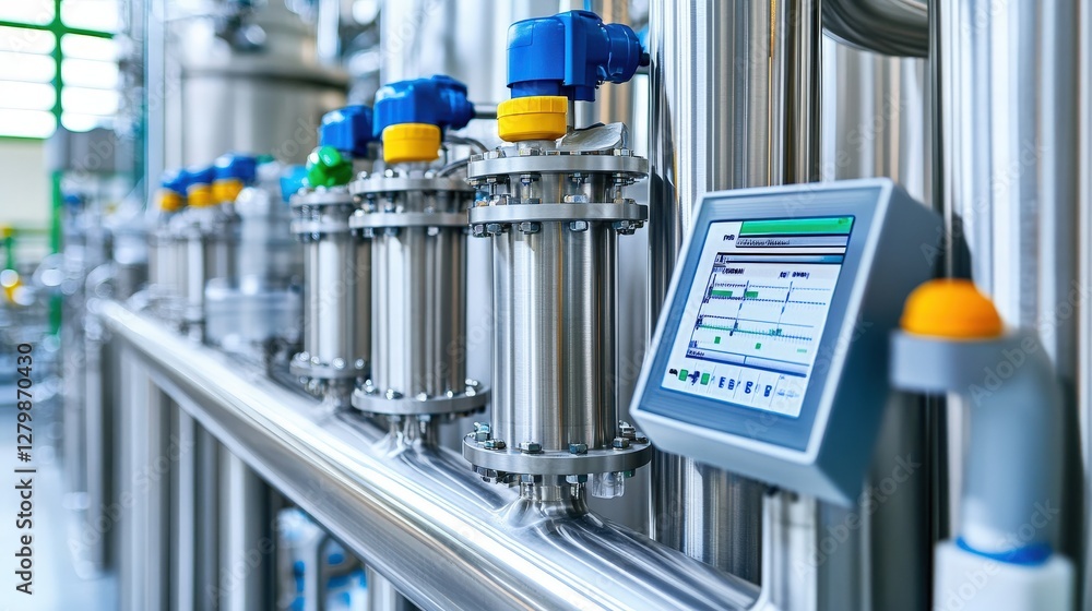 Poster industrial process control system with sensors and digital display, showcasing advanced manufacturin