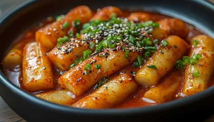 Spicy Korean Tteokbokki in Bowl on Wooden Table