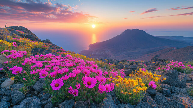 Vibrant wildflowers on rugged rocks at Pico de la Zarza peak, bathed in golden light