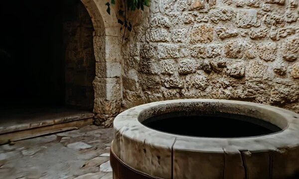 An ancient stone well situated in a charming courtyard, adorned with creeping vines, evoking a sense of nostalgia and history while highlighting the beauty of time-worn craftsmanship.