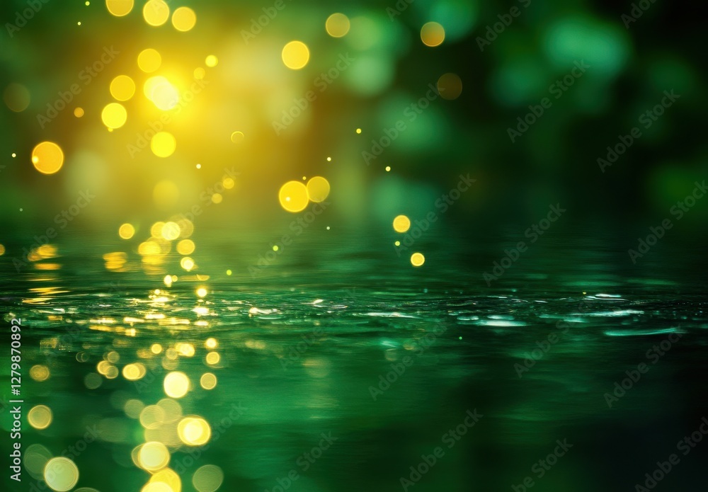 Poster sparkling water surface with glimmers of light and soft bokeh effects in a serene natural setting
