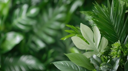 Lush tropical leaves, vibrant green foliage, nature background, backdrop for product displays