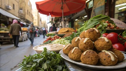 Fototapeta premium Falafel balls with tahini sauce, in a bustling street market