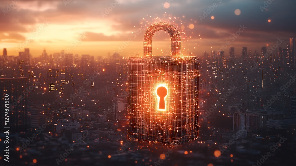 Poster cyber security lock protecting city data network at sunset with particle effects