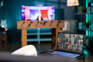 Teleworker and coworkers in call crosschecking analytics statistical data sets in dimly lit...