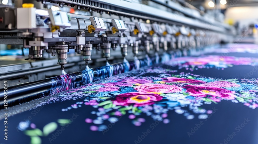 Poster high-resolution image of a textile printing machine in action, showcasing vibrant floral patterns be