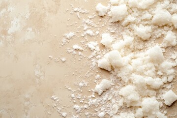 Pile of large sugar crystals scattered on a beige background