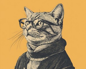 Stylish cat portrait, orange background, thoughtful expression