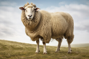 Sheep standing in an outdoor setting. Animal side portrait.