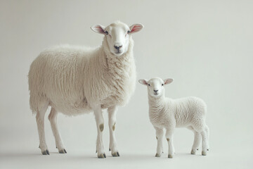 Fototapeta premium Sheep and lamb standing on a white background. Animals side portrait. 