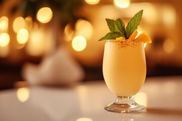 A refreshing glass of mango lassi topped with a mint leaf for garnish.