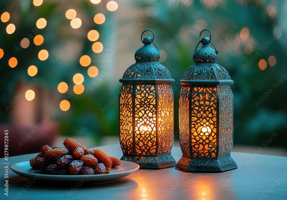 Aufkleber two beautifully crafted lanterns illuminating the setting with warm glow beside a plate of dates sur