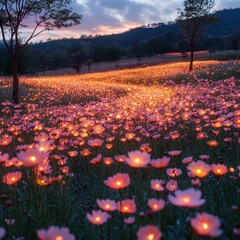Illuminated pink flowers path at sunset.