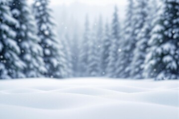 Fototapeta premium Snow-covered landscape with soft snowdrifts in the foreground and blurred, snow-laden evergreen trees in the background. Concept of winter serenity. Ai generative
