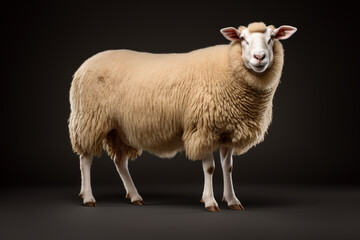 Obraz premium Sheep standing on a black background. Animal side portrait.