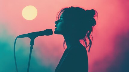 Silhouette of a woman singing into a microphone against a colorful sunset backdrop with vibrant hues