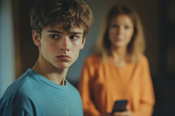Teen boy looks concerned while woman holds phone in background at home during evening