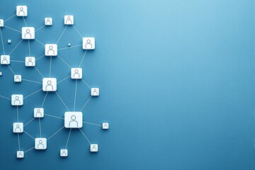 Abstract social network structure with interconnected user icons on a blue background. Concept of communication, teamwork, and digital networking. Ai generative