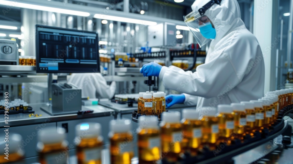 Leinwandbilder Research is being conducted in a modern pharmaceutical laboratory where scientists in protective gear analyze samples on automated machines while monitoring quality control.