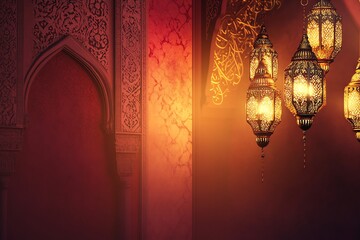 banner for ramadhan , Ornate Islamic hanging lamps glow with golden light on a gradient red, orange -to-gold background, perfect for festive Ramadan messages and designs.