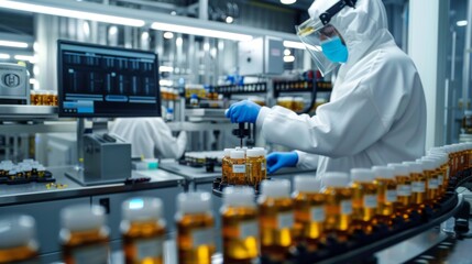 Research is being conducted in a modern pharmaceutical laboratory where scientists in protective gear analyze samples on automated machines while monitoring quality control.