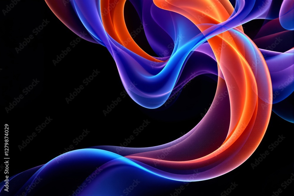 Poster vibrant abstract waves in blue, orange, and purple tones flowing dynamically on a dark background, c