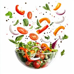 Fresh Ingredients Falling into Glass Bowl of Colorful Salad with Herbs, Vegetables, and Spices Captured in Mid-Air