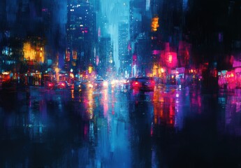 Obraz premium Vibrant City Nightscape with Illuminated Buildings and Glossy Wet Streets Reflecting Colorful Lights in Urban Environment