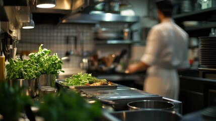 Chef preparing food in professional kitchen, focus on ingredients.  Possible use Stock photo for restaurant advertising, cooking classes