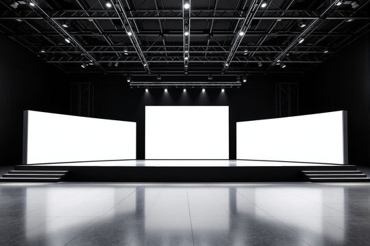 Empty stage with three large illuminated white screens in a dark venue. Spotlights from the ceiling highlight the setup. Concept of presentation and branding. Ai generative