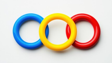 Three colorful interlocking rings in blue, yellow, and red on a white background, symbolizing unity