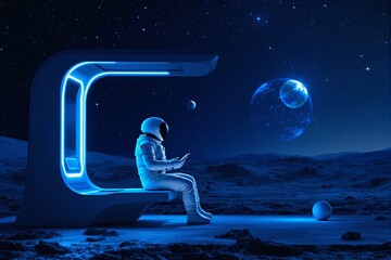 Astronaut on futuristic bench using tablet on alien planet with glowing blue lights, distant planets in the starry sky, and rocky surface background. Space exploration concept. Ai generative