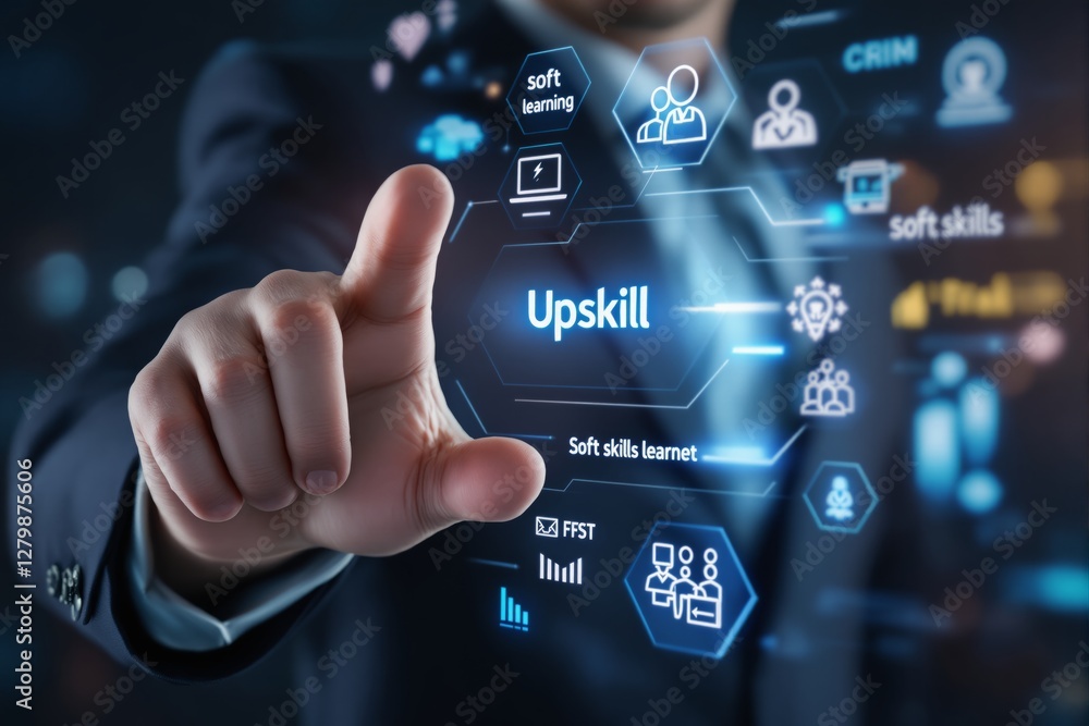 Poster businessman in suit touching virtual screen with upskill concept, futuristic interface with icons on