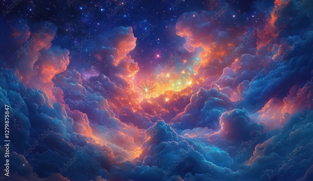 Poster vibrant cosmic clouds illuminated by twinkling stars creating a dreamy ethereal atmosphere in deep s