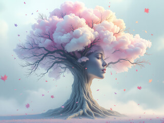 "Fantastical Pink Blossom Tree with Dreamy Sky Background