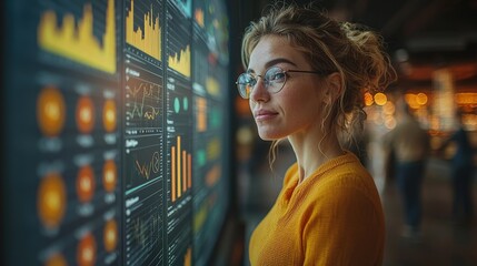 Woman analyzes data on large screen, office background, financial analysis